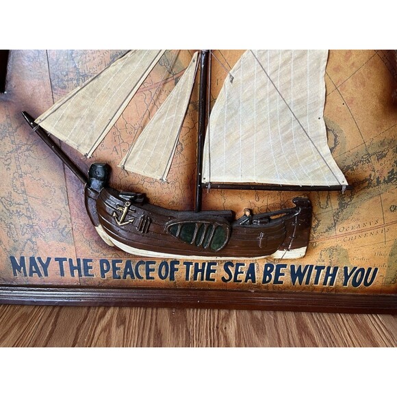 Vintage Sailboat Framed Map Wooden Mast Cloth Sails Nautical Wall Art 24"x18" - Picture 5 of 9